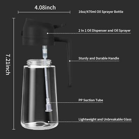 2-in-1 Oil Sprayer & Dispenser 500ML | Fine Mist Cooking Oil Spray Bottle | Leakproof Oil Pourer for Kitchen