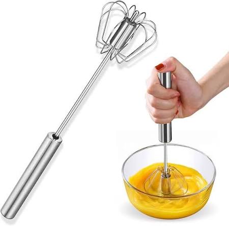 Stainless Steel Hand Push Whisk, 10 Inch Manual Egg Beater & Milk Frother | Semi-Automatic Rotating Whisk for Blending, Whisking, Beating & Stirring