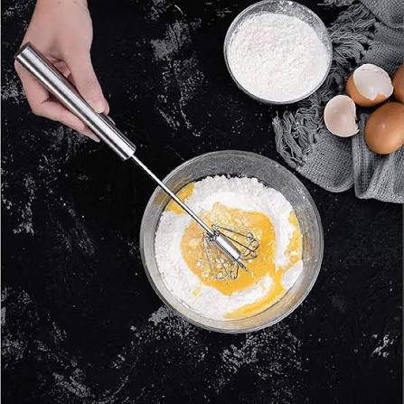 Stainless Steel Hand Push Whisk, 10 Inch Manual Egg Beater & Milk Frother | Semi-Automatic Rotating Whisk for Blending, Whisking, Beating & Stirring