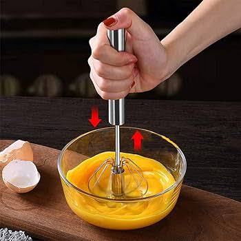 Stainless Steel Hand Push Whisk, 10 Inch Manual Egg Beater & Milk Frother | Semi-Automatic Rotating Whisk for Blending, Whisking, Beating & Stirring
